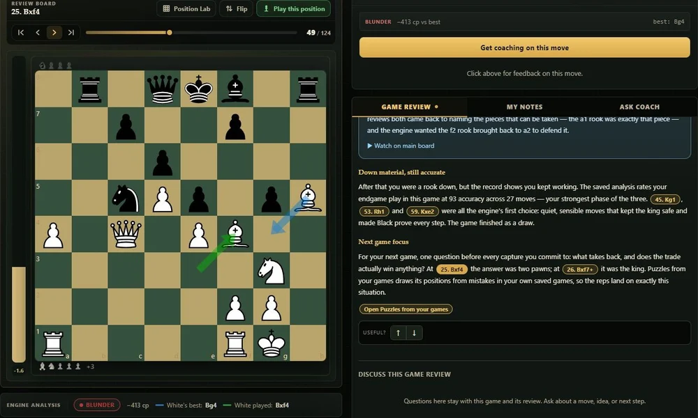 Blueprint Chess game review with a chessboard, suggested moves, and a written focus for the player's next game.